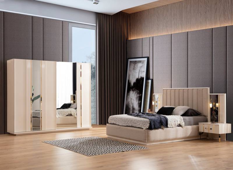 JulietHome Schlafzimmer-Set Aurum, (Set, Kleiderschrank, Boxspringbett, Kommode mit Spiegel, 2 Nachttische), integrierte Bettlampen von JulietHome