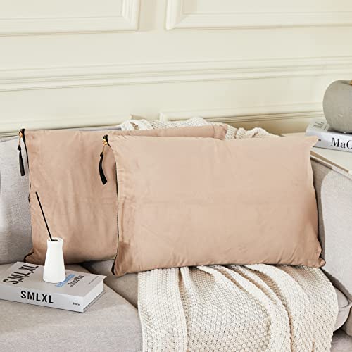 Juliyeh 2er Set Samt Kissenbezug Kissenhülle mit Metallic Reißverschlüsse Deko Zierkissenbezüge Sofa Kissenbezüge Dekokissenbezug mit Lederknoten Deko Kissenbezug für Wohnzimmer 40x60 cm Khaki von Juliyeh