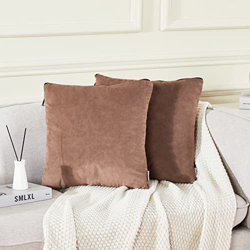 Juliyeh 2er Set Samt Kissenbezug Kissenhülle mit Metallic Reißverschlüsse und Lederknoten Deko Sofa Kissenbezüge Dekokissenbezug Sitzkissen für Weihnachten Sofa Wohnzimmer 50x50 cm Taupe von Juliyeh