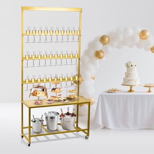 Julymoda Champagner-Wandhalter für Party, Champagnerturm-Ständer mit Aufbewahrungsregal und Lenkrollen, 4-stöckiger Metall-Champagnerflöten-Display-Ständer für 40 Gläser, geeignet für Hochzeit von Julymoda