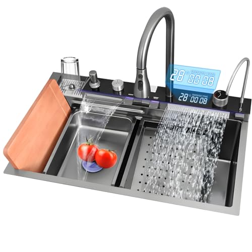 Julymoda Wasserfall Spülbecken mit 2 Wasserauslässe, 2025 Upgarded Küchenspüle 304 Edelstahl Einbauspüle mit Armatur Set/Glasspüler/Seifenspender, 75x46cm von Julymoda