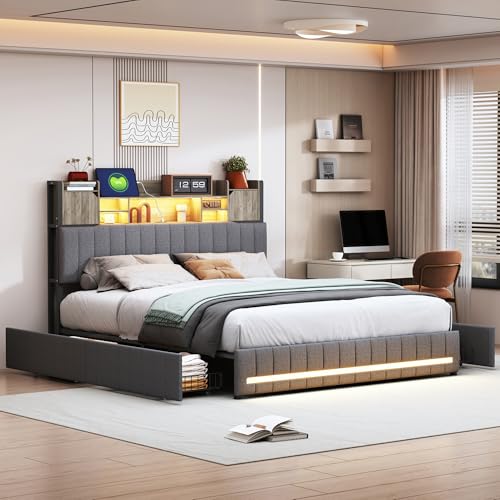 Bett 140x200, Jugendbett mit 4 Schubladen, LED Beleuchtung und USB Ladestation, Bett mit Stauraum, Doppelbett Stauraumbett mit Lattenrost, Linen, Ohne Matratze Bett 140x200, Jugendbett mit 4 Schubladen, LED Beleuchtung und USB Ladestation, Bett mit Stauraum, Doppelbett Stauraumbett mit Lattenrost, Linen, Ohne Matratze von Julyue