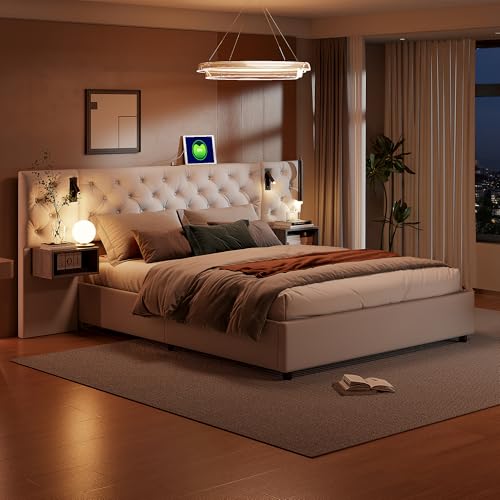 Julyue Bett mit Nachttischen, Schlafzimmer Komplett Set 160x200cm Polsterbett mit Leselicht und USB, Hydraulische Doppelbett Stauraumbett Bettgestell mit Lattenrost aus Holz, Weiße (160x200cm) von Julyue