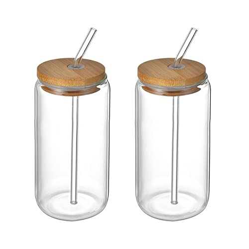 Julyue Bierdosen-Glas mit Bambusdeckel und Strohhalm, 580 ml, wiederverwendbare Glasbecher, Cola-Dose, Glas für Smoothies, Tee, Cola, Saft, Limo, 2 Stück von Julyue