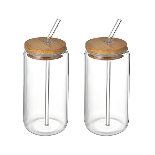 Julyue Bierdosen-Glas mit Bambusdeckel und Strohhalm, 395 ml, wiederverwendbare Glasbecher, Cola-Dose, Glas für Smoothies, Tee, Cola, Saft, Limo, 2 Stück von Julyue