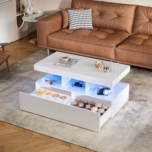 Julyue Couchtisch mit 4 Schublade, Wohnzimmertisch Hochglanz mit LED Beleuchtung, Helligkeit einstellbar, Mitteltisch, Moderner Sofatisch Kaffeetisch für Wohnzimmer Schlafzimmer (Weiß) von Julyue