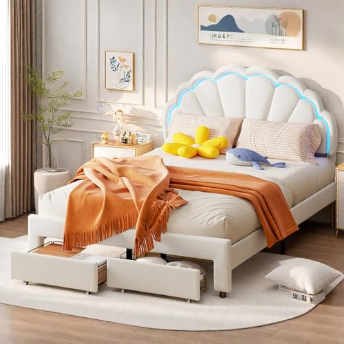 Mädchen Bett 140x200 mit 2 Schubladen, Kinderbett mit Stauraum und LED Beleuchtung, Kinderbett Doppelbett Jugendbett Stauraumbett Bettgestell mit Lattenrost, Samt, ohne Matratze von Julyue