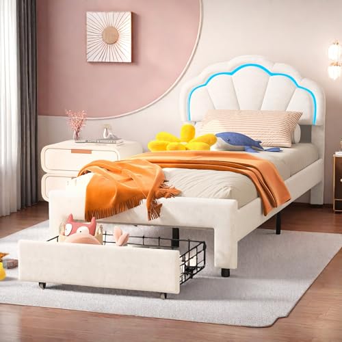 Kinderbett Polsterbett 90x200, LED Mädchen Bett mit Schubladen, Jugendbett Stauraumbett Bett 90x200 mit lattenrost, Samt, ohne Matratze von Julyue