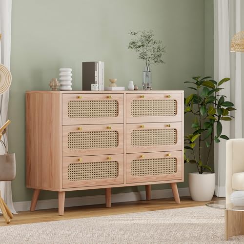 Julyue Kommode mit 6 Schubladen, Rattan Kommode Schlafzimmer, Moderne Kommode, Holzkommode mit goldenen Griffen, Sideboard, Aufbewahrungskommode für Flur, Wohnzimmer, Schlafzimmer von Julyue