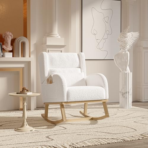 Julyue Schaukelstuhl mit Lendenwirbelstütze, Wohnzimmer Schaukelsessel mit 2 Seitentaschen, Armlehnsessel, Relaxsessel Moderner, Lesesessel Lesestuhl für Schlafzimmer, Wohnzimmer von Julyue
