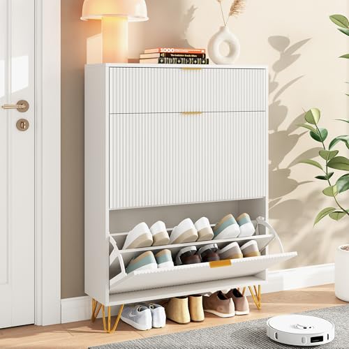 Julyue Schuhschrank weiß Schuhkipper mit 3 Klappen, Schuhkommode Shoe Cabinet Schuhschrank Kommode flur Schuhregal Schmal für den Eingang, Flur, Wohnzimmer(80x24x118.5cm) von Julyue