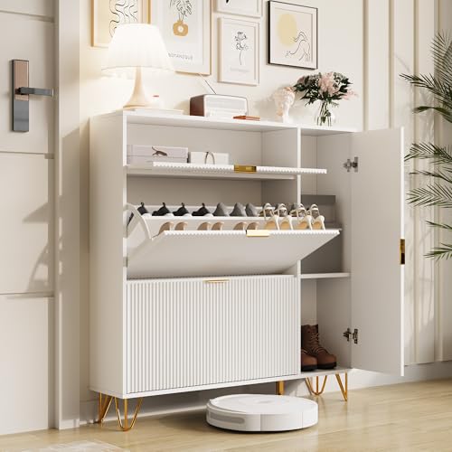Julyue Schuhschrank weiß Schuhkipper mit 3 Klappen und 1 Türig, Schuhkommode Shoe Cabinet Schuhschrank Kommode Flur Schuhregal Schmal für den Eingang, Flur, Wohnzimmer(110x24x111.5cm) von Julyue