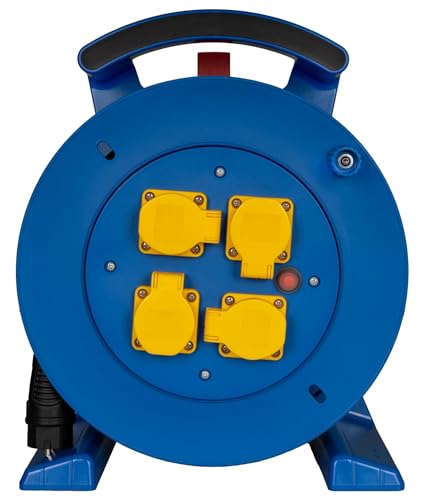 Jumbo-Kabeltrommel 2.0 25m H07RN-F 3G2,5 qmm blau mit 4 gelben Schutzkontakt-Steckdosen von Jumbo