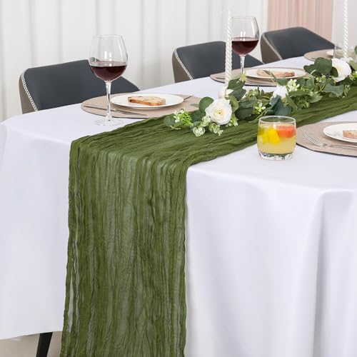 Jumdast käsetuch Tischläufer Boho, Tischläufer Modern Abwaschbar Tischläufer Hochzeit Outdoor Garten Wetterfest Musselin Chiffon Stoff Hochzeitsdeko Taufe Deko Tischdeko (Olivgrün, 90 x 300 cm) von Jumdast