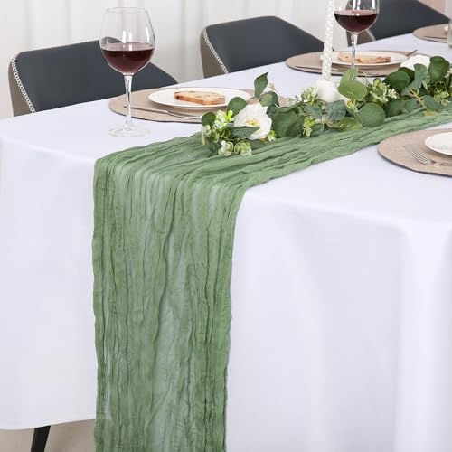 Jumdast käsetuch Tischläufer Boho, Tischläufer Modern Abwaschbar Tischläufer Hochzeit Outdoor Garten Wetterfest Musselin Chiffon Stoff Hochzeitsdeko Taufe Deko Tischdeko (Salbeigrün, 90 x 400 cm) von Jumdast