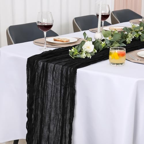 Jumdast käsetuch Tischläufer Boho, Tischläufer Modern Abwaschbar Hochzeit Outdoor Garten Wetterfest Musselin Chiffon Stoff Hochzeitsdeko Taufe Deko Tischdeko (Schwarz, 90 x 300 cm) von Jumdast