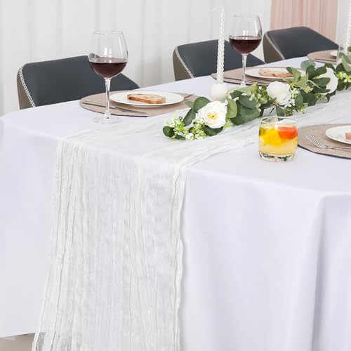 Jumdast käsetuch Tischläufer Boho, Tischläufer Modern Abwaschbar Tischläufer Hochzeit Outdoor Garten Wetterfest Musselin Chiffon Stoff Hochzeitsdeko Taufe Deko Tischdeko (Weiß, 90 x 300 cm) von Jumdast