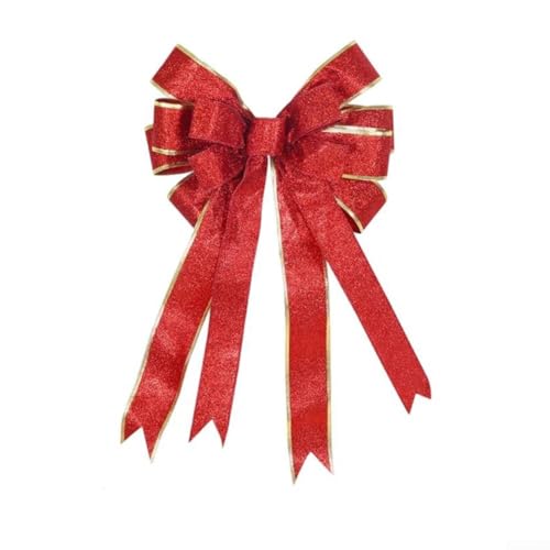 Dekorative Schleife für Weihnachten mit Drahtband und Stoff-Goldstaub, entworfen für Außenbereiche, Baumspitzen, Türen und Kranzdekoration für dauerhafte Jahreszeiten (goldfarbener Rand, rot) von Jumplushion