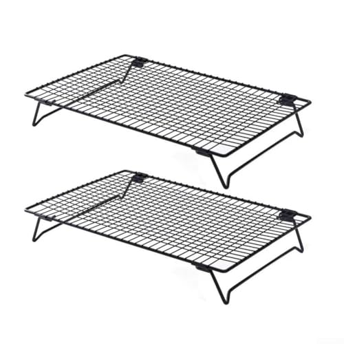 Kühlgitter Kuchenregal 2er Set, Edelstahl Faltbare Backroste Antihaft Küchenhelfer für Gebäck Braten Trocknen, Stapelbares Platzsparendes Design, Schwarz 34x24.3x5.4cm von Jumplushion
