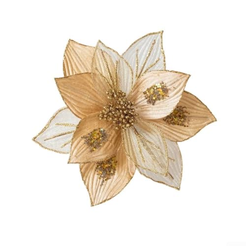 Künstliche Magnolienblumen mit Glitzer-Design für Weihnachtsbaumschmuck und Feiertagsdekorationen, flexible Stiele für kreative Arrangements und festliche Wohnkultur (Gold) von Jumplushion