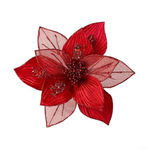 Künstliche Magnolienblumen mit Glitzer-Design für Weihnachtsbaumschmuck und Feiertagsdekorationen, flexible Stiele für kreative Arrangements und festliche Wohnkultur (Rot) von Jumplushion