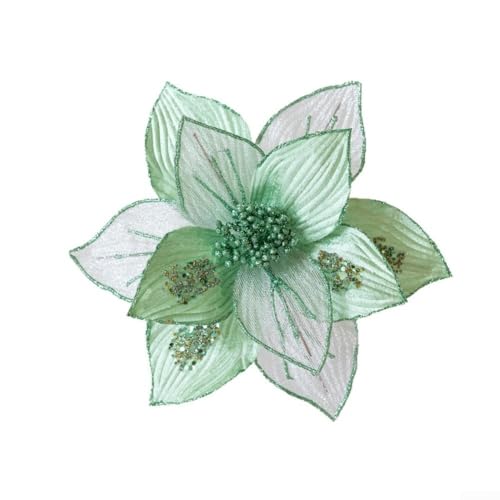 Künstliche Magnolienblumen mit Glitzer-Design für Weihnachtsbaumschmuck und Feiertagsdekorationen, flexible Stiele für kreative Arrangements und festliche Wohnkultur (grün) von Jumplushion