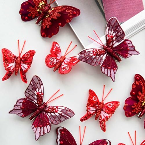 Künstliche Schmetterlinge Dekoration Set mit Clips für Weihnachtskränze Bäume Girlanden, 10 handgefertigte Stücke (Silber und Aprikose) von Jumplushion
