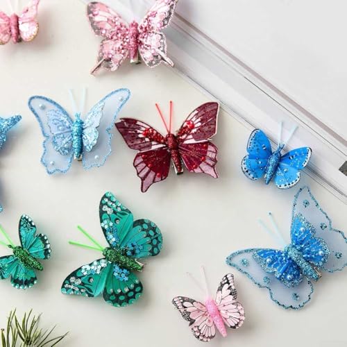 Künstliche Schmetterlinge Dekoration Set mit Clips für Weihnachtskränze Bäume Girlanden 10 Stück handgefertigte Stücke (Blau) von Jumplushion