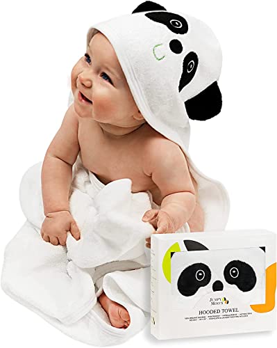 JM Bambus Kapuzenhandtuch Baby, Baby Handtuch Kapuze groß (90x90 cm) für 0-5 Jahre, Weiches and Saugfähiges Baby Pflegeset als Baby Geschenk (inklusive Waschlappen & Wäschesack) - Panda von Jumpy Moo's