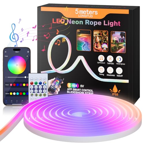 5m Neon Led strip, RGB Band Neon Seil Lampe, Flexible LED Streifen mit App-Steuerung, funktioniert mit Alexa und Google Assistant, Geeignet für Wohnzimmer, Schlafzimmer, Gaming Deko [Energieklasse F] von Jun-Saxifragelec