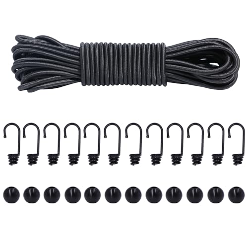 JunGG Gummiseil DIY Set, 4mm 15m Expanderseil und 12 Metallhaken 12 Kugeln, Hochelastisches Gummischnur Planenseil Gummikordel Spannseil Gummiband Zubehör von JunGG