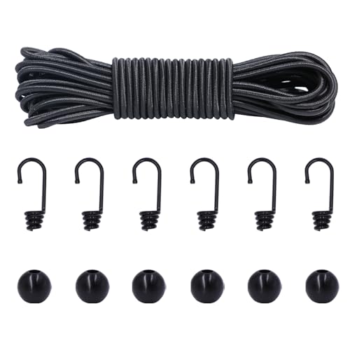 JunGG Gummiseil DIY Set, 4mm 5m Expanderseil und 6 Metallhaken 6 Kugeln, Hochelastisches Gummischnur Planenseil Gummikordel Spannseil Gummiband Zubehör von JunGG