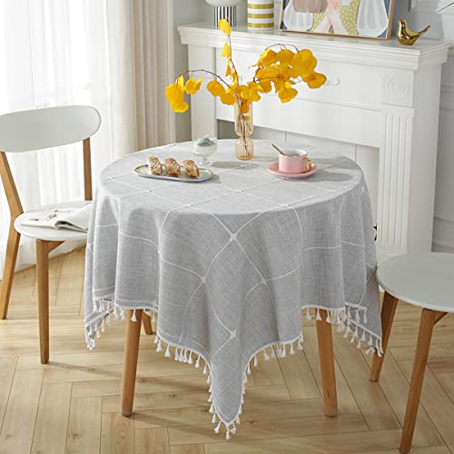 Runde Tischdecke, Quaste, Baumwolle, Leinen, Tischabdeckung für Küche, Esszimmer, knitterfreie Tischdecken (grau), 160 cm von JunJiale