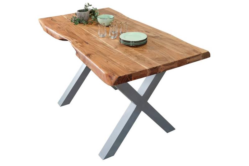 Loreno® Baumkantentisch Cali, Akazienholz massiv, in Nussbaum- oder Naturfarben, X-Gestell in Schwar von Loreno®