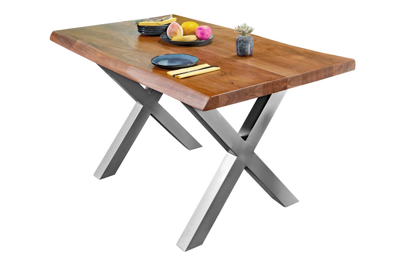 Loreno® Baumkantentisch Cali, Akazienholz massiv, in Nussbaum- oder Naturfarben, X-Gestell in Schwar von Loreno®