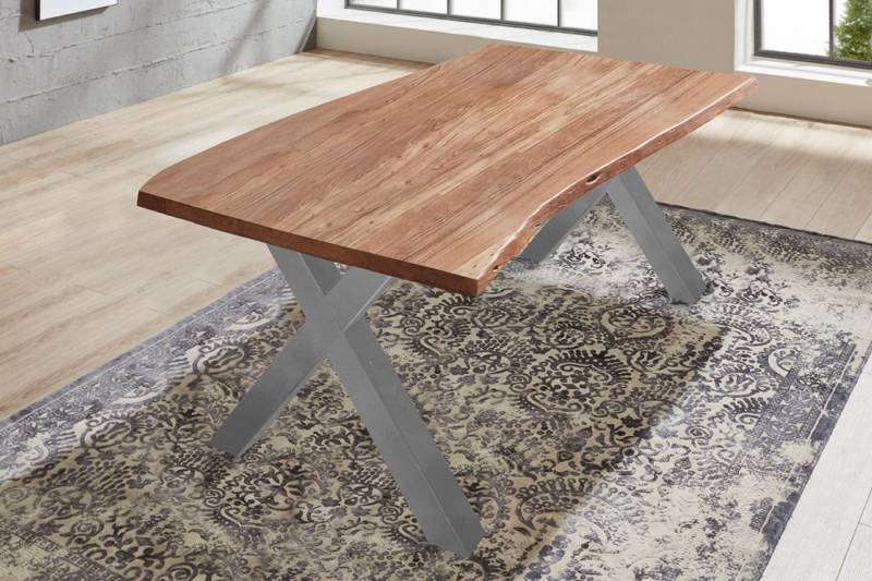 Loreno® Baumkantentisch Xantana (1 Tischplatte und 2 Gestelle), massives Akazienholz, natürliche Baumkante, Metallgestell X-Form von Loreno®