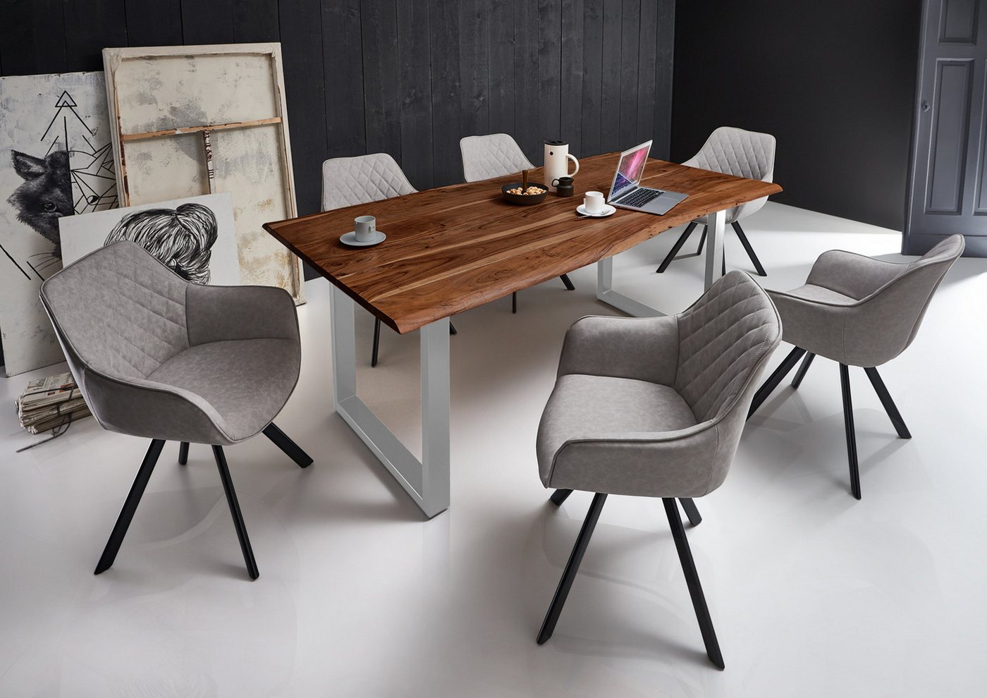 Junado® Essgruppe Milo, 7-teilig mit Tisch Baumkante und 6x Stuhl ALINA von Junado®