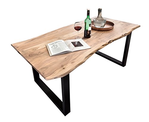 SAM Baumkantentisch Quentin, Akazien-Holz massiv, Esszimmertisch mit schwarzen Metallbeinen, naturbelassen, 140 x 80 cm Tisch von junado