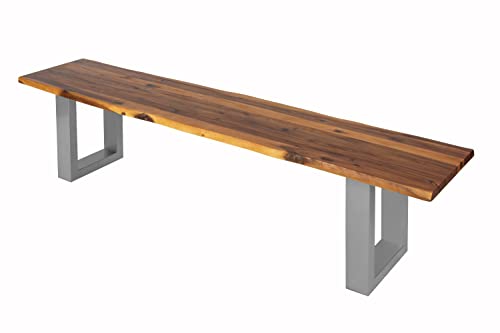 SAM Sitzbank 200x40 cm Esra, Akazien-Holz, Massive Holzbank, Baumkantenbank mit Silber lackierten Metallbeinen von junado