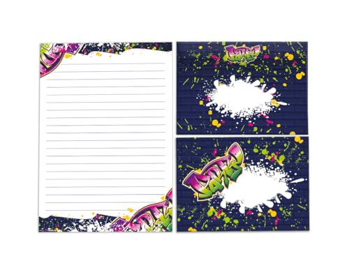 Briefpapier-Set Schreibblock liniert mit Umschlag für Mädchen Jungen Kinder Erwachsene Unisex Graffiti bunt modern (1 Block A5 mit 25 Blättern + 15 passend bedruckte Briefumschläge) von Junapack