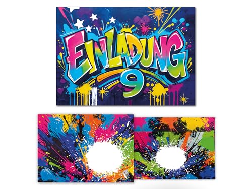 12 Einladungskarten inkl. 12 Umschläge zum 9. Kindergeburtstag Graffiti Mädchen Junge Kinder coole bunte Einladungen neunte Geburtstag Geburtstagseinladungen Kids 12 Einladungskarten inkl. 12 Umschläge zum 9. Kindergeburtstag Graffiti Mädchen Junge Kinder coole bunte Einladungen neunte Geburtstag Geburtstagseinladungen Kids von Junaversum