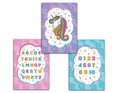 Junaversum Poster Plakat für Kinderzimmer Einhorn Zahlen Buchstaben ABC Mädchen für Babyzimmer Wandbilder A4 Tiere Lernposter Wandposter (3-er Set) von Junaversum