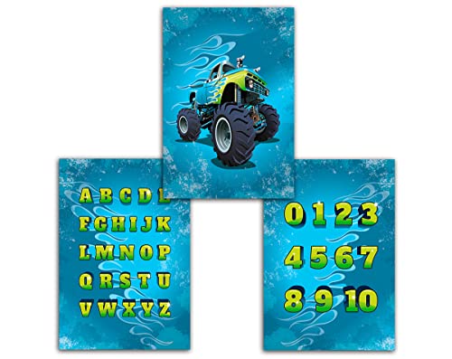 Poster-Set für Kinderzimmer Plakat Monster-Truck mit Zahlen und Buchstaben ABC für Jungen Deko für Jungszimmer Wandbilder A4 Lernposter ohne Rahmen (3-er Set) von Junaversum