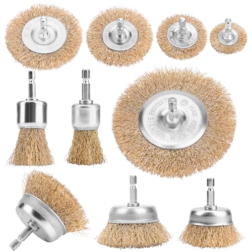 Junchamp 10-teiliges Drahtbürsten-Set, Messingbeschichtete Drahtbürste, Radtopfbürste, Metallbürsten für Bohrer, 1/4-Zoll-Schaft zur Reinigung von Rost, Flocken und Schleifmitteln, Bohraufsatz Junchamp 10-teiliges Drahtbürsten-Set, Messingbeschichtete Drahtbürste, Radtopfbürste, Metallbürsten für Bohrer, 1/4-Zoll-Schaft zur Reinigung von Rost, Flocken und Schleifmitteln, Bohraufsatz von Junchamp