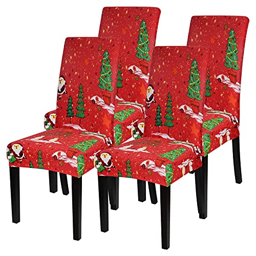 JuneJour Weihnachten Stuhlhussen Stretch Stuhlbezug Universal Moderne Xmas Festlich Husse Abnehmbare Stuhlbezug Stuhlüberzug für Esszimmer Party Hotel (Weihnachten-rot 28，4er Set) von JuneJour