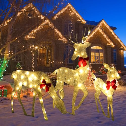 Junerain 3 teiliges LED Rentier Familie Weihnachtsdeko Aussen,Beleuchtetes Weihnachts Rentier mit 5Pack 20LED Lichterkette,Metall Rentierform Weihnachtslicht for Hof Weihnachten Dekoration von Junerain