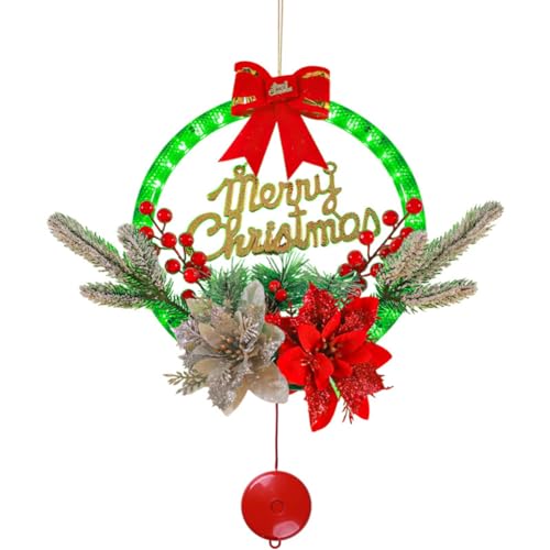 Junerain Weihnachtskranz mit bunten Lichtern,28cm Xmas Kränze mit künstlicher Pflanze Schleife,Weihnachten hängende Zeichen künstliche Kiefer Fichte Kranz Wanddekoration for Veranda Haustür von Junerain