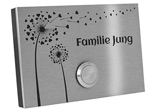 Jung-Edelstahl-Design Aufputz Edelstahl Türklingel London1AG Motiv Pusteblume Klingelschild 12x8 cm. Aufputztürklingel mit LED Klingeltaster aus Edelstahl. Moderne Klingelplatte für Ihre Haustür. von Jung Edelstahl Design