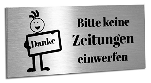 Briefkastenschild "Bitte keine Zeitungen einwerfen" aus V2a Edelstahl mit Motiv. Schild 80 x 35 mm von Jung Edelstahl Design