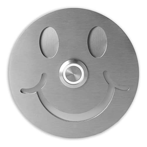 Jung Edelstahl Design - Lustige Edelstahl Türklingel Smiley Klingelschild rund 10x10cm Klingeltaster mit LED Klingelplatte V2a Edelstahl geschliffen Smilie Klingel Haustür(weiss) von Jung-Edelstahl-Design